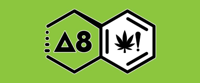 graphic of two adjacent hexagons, one with a delta 8 symbol, and one with a cannabis symbol